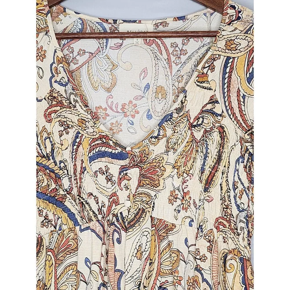 Melloday Anthropologie Mini Dress Paisley Small‎ Boho Style Long sleeve popover